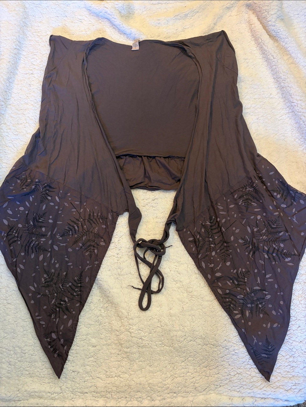 Blue Fish Chocolate Brown Tie-Front Pointed Hem Shrug with Leaf Print